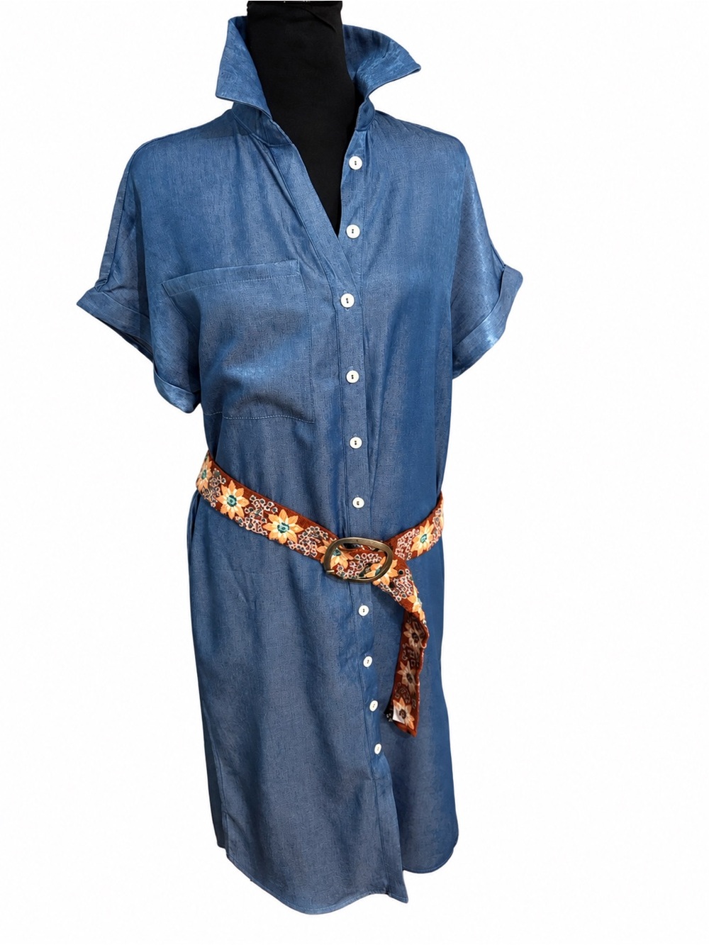 POPVIL NWT Chambray Blue Button Front Midi Shirt Dress High Low Hem Size Small